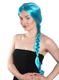 Perruque Cheveux Longs Turquoise Avec Tresse Et Mèches Blanches