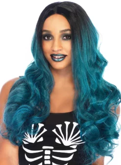 Perruque Longue Deux Tons Bleu Pétrole Et Noir